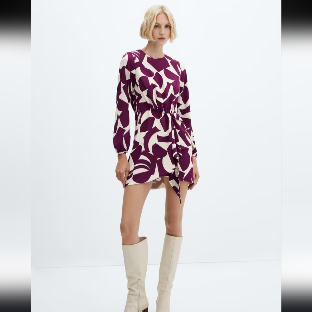 MANGO Purple Cream Abstract Print Lightweight Long Sleeve Mini‎ Dress Medium NWT